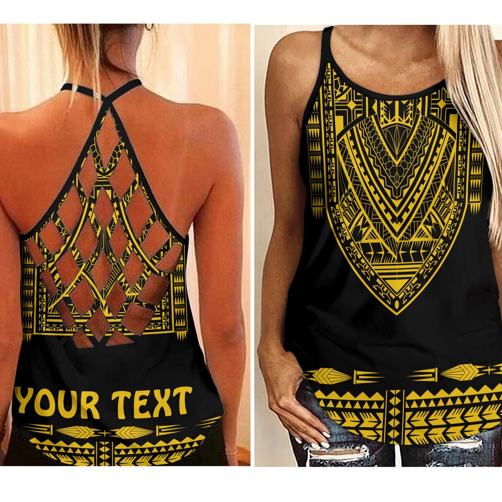 (Custom Personalised) Polynesian Criss Cross Tank Top Dashiki With Polynesian Tattoo Royal Golden Version LT14 Female Black - Polynesian Pride