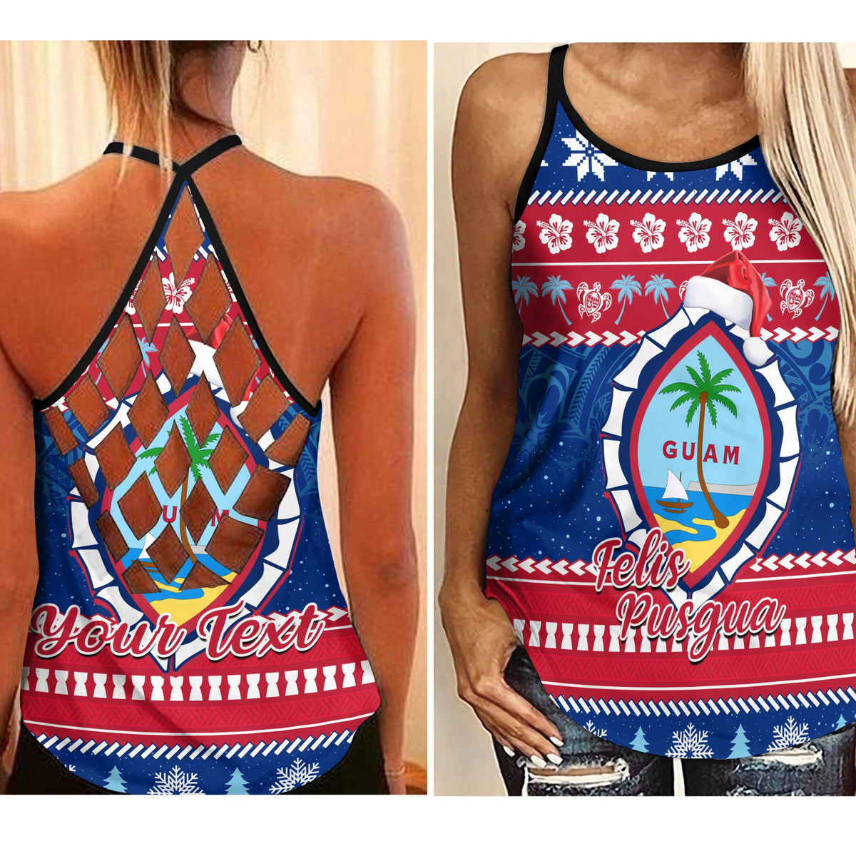 (Custom Personalised) Guam Christmas Criss Cross Tank Top Guaman Seal Polynesian Felis Pusgua LT14 Female Blue - Polynesian Pride