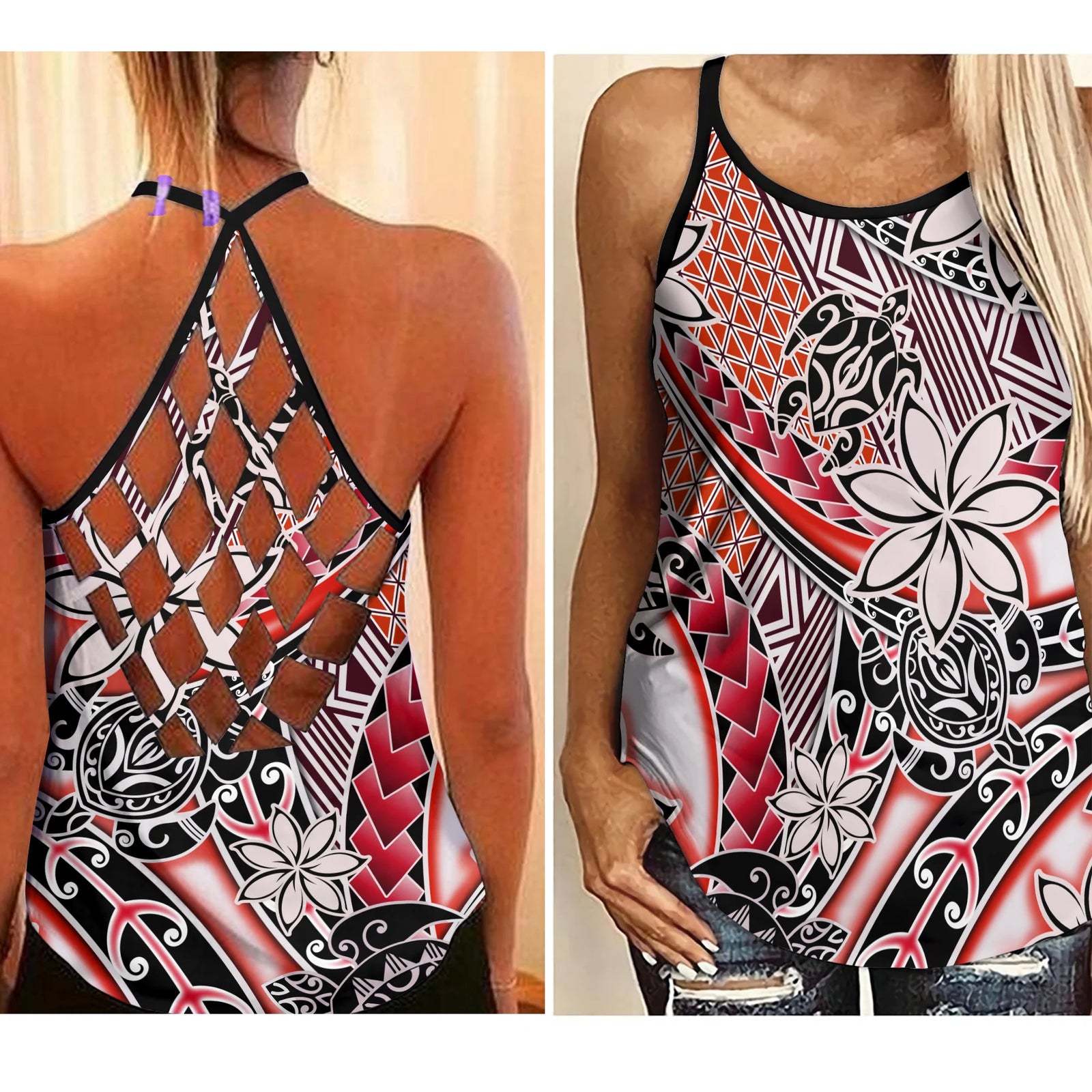 Hawaii Criss Cross Tank Top Tribal Plumeria With Polynesian Turtle Ver.03 LT14 Female Red - Polynesian Pride