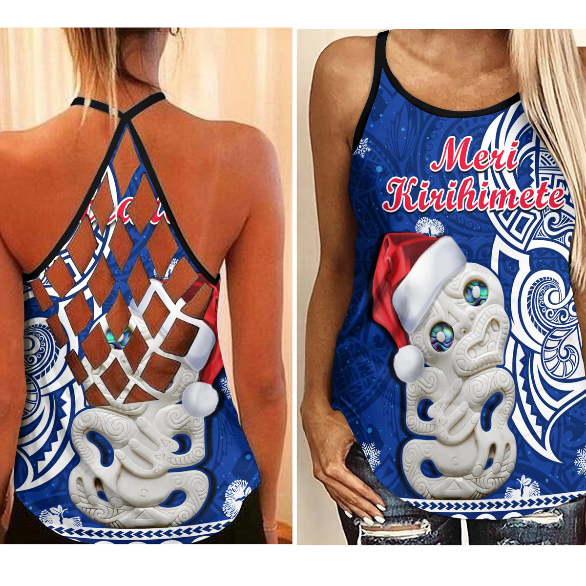 New Zealand Christmas Criss Cross Tank Top Hei Tiki Blue Pohutukawa Meri Kirihimete LT14 Female Blue - Polynesian Pride