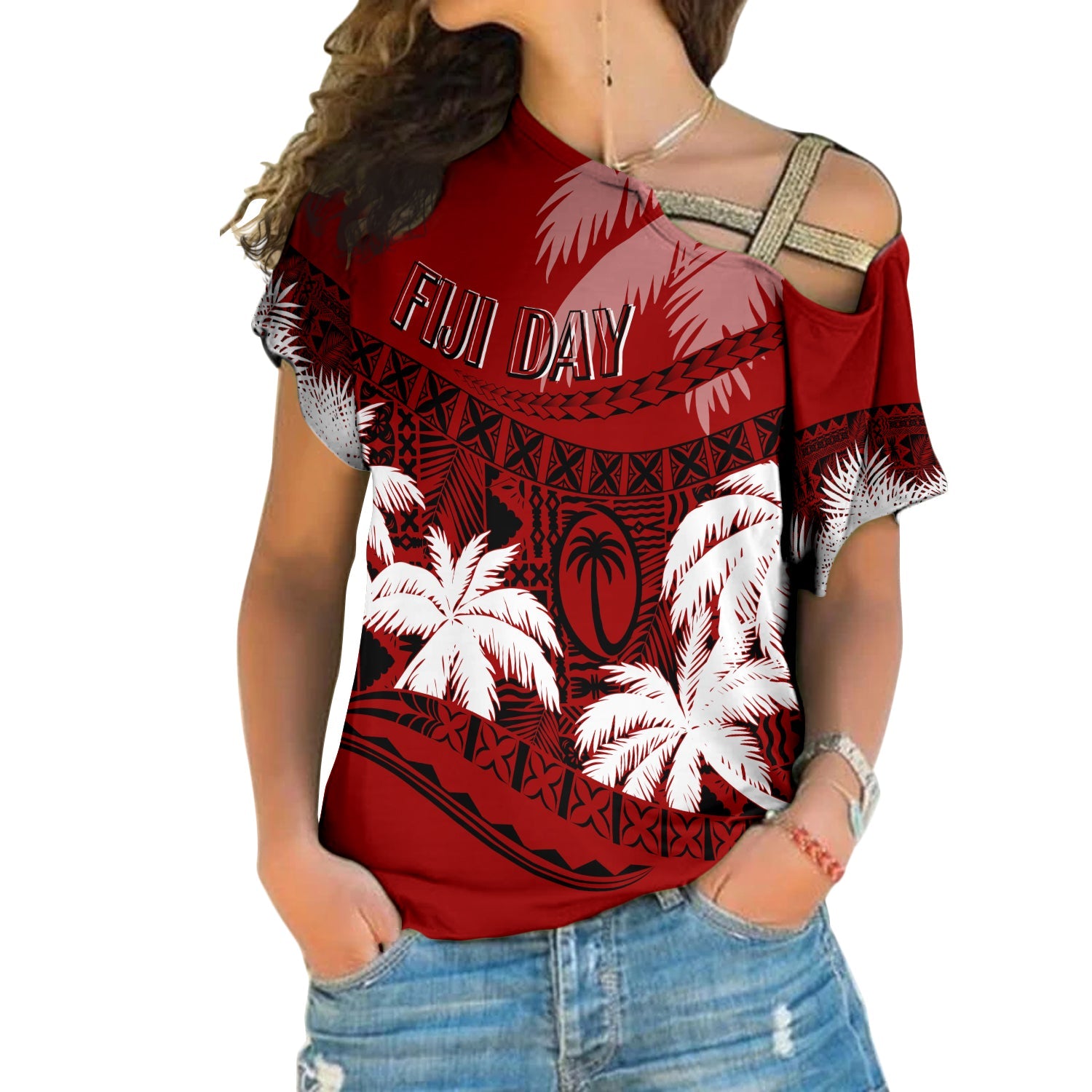 Personalised Fiji Day Cross Shoulder Shirt Flying Fijians Masi Kesa Style - Red LT7 Female Red - Polynesian Pride