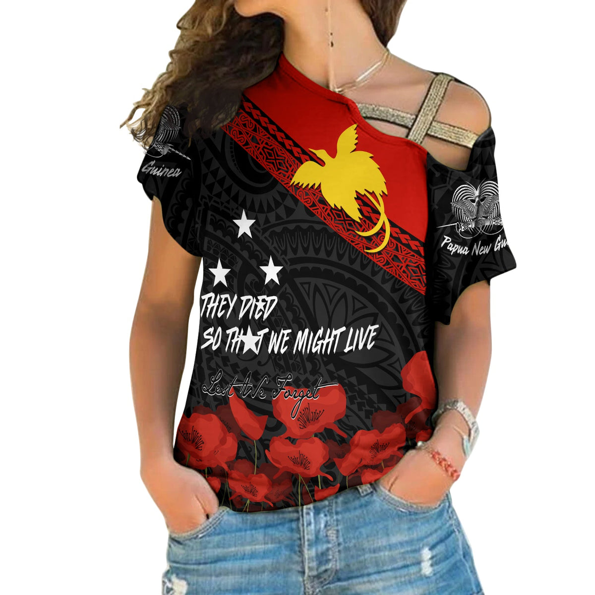 Papua New Guinea Cross Shoulder Shirt PNG Remembrance Day LT7 Female Black - Polynesian Pride