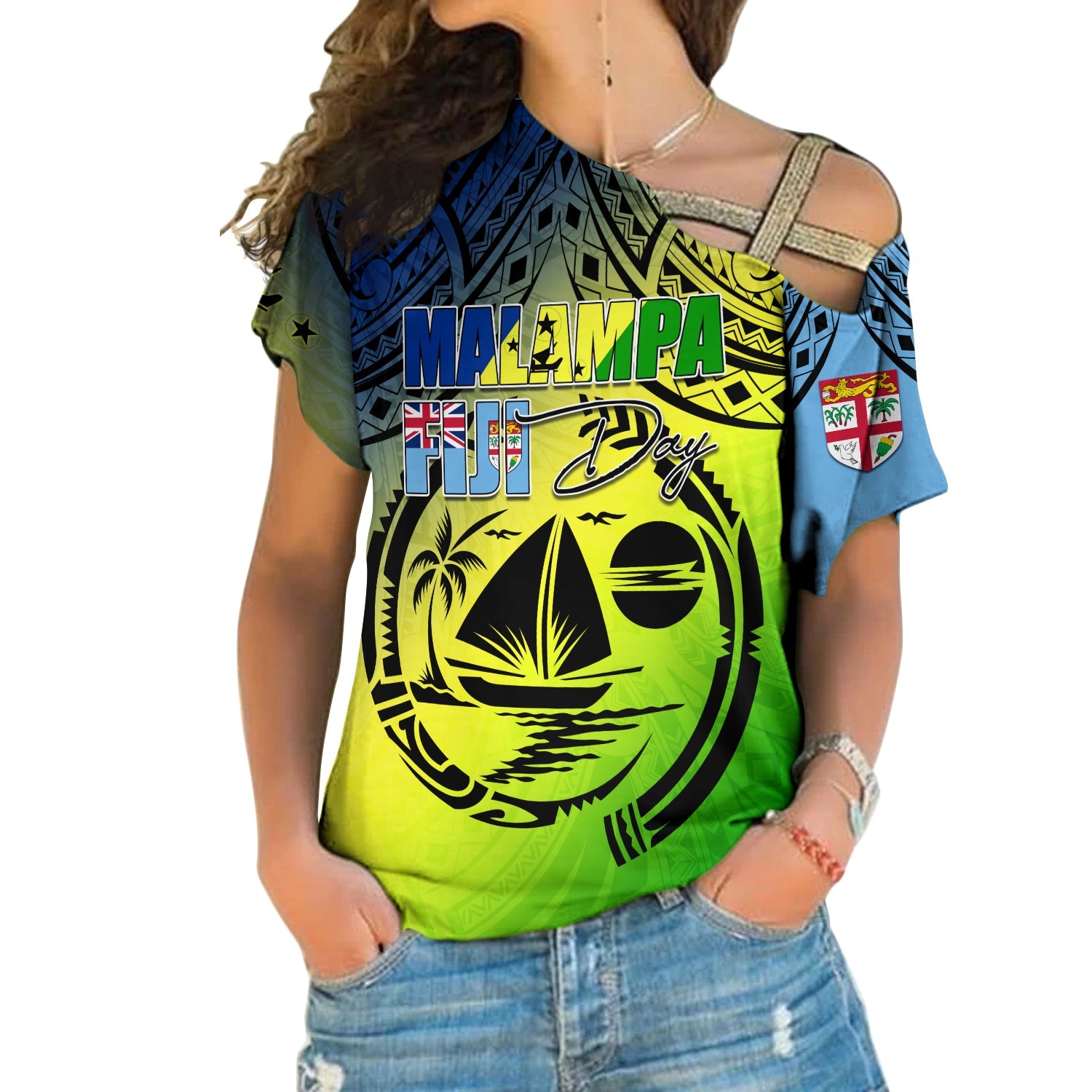 Malampa Fiji Day Cross Shoulder Shirt Flags Mix Style LT7 Female Art - Polynesian Pride