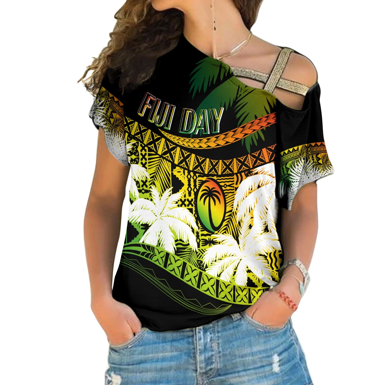 Personalised Fiji Day Cross Shoulder Shirt Flying Fijians Masi Kesa Style - Reggae LT7 Female Reggae - Polynesian Pride