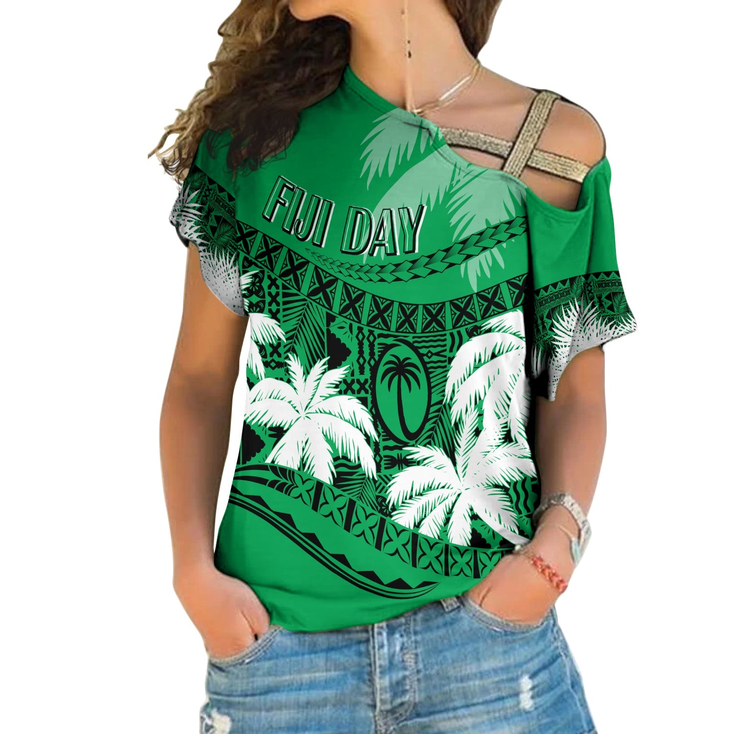 Personalised Fiji Day Cross Shoulder Shirt Flying Fijians Masi Kesa Style - Green LT7 Female Green - Polynesian Pride