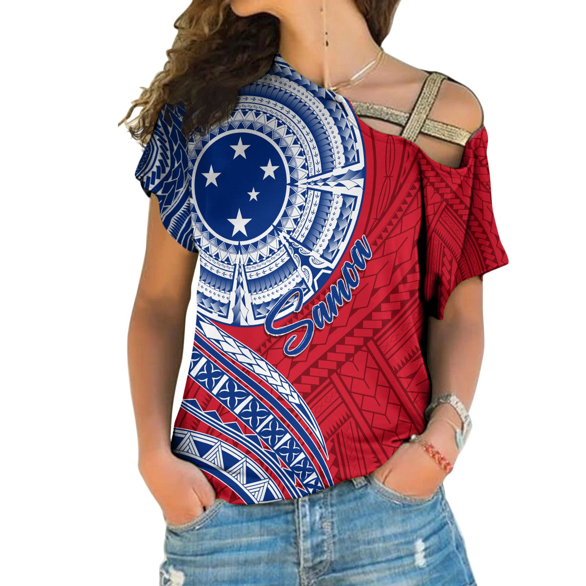 Samoa Personalised Cross Shoulder Shirt Independence Day Flag Style LT7 Female Red - Polynesian Pride