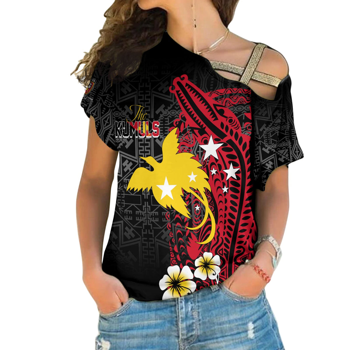 Papua New Guinea Independence Cross Shoulder Shirt PNG Kumuls - Tribal Crocodile LT7 Female Black - Polynesian Pride