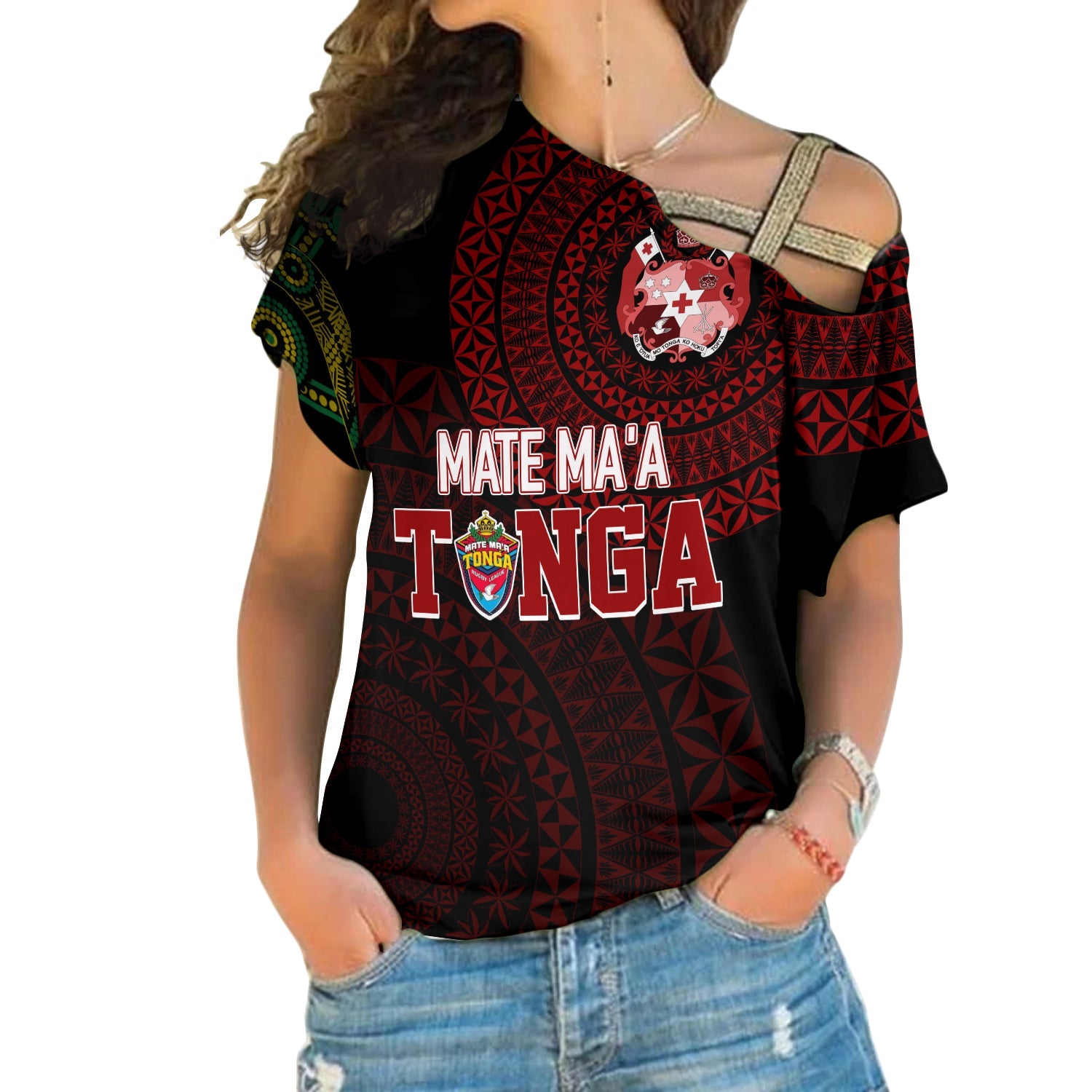 Personalised Aussie Wallabies Mix Mate Maa Tonga Cross Shoulder Shirt Ver 01 LT7 Female Black - Polynesian Pride