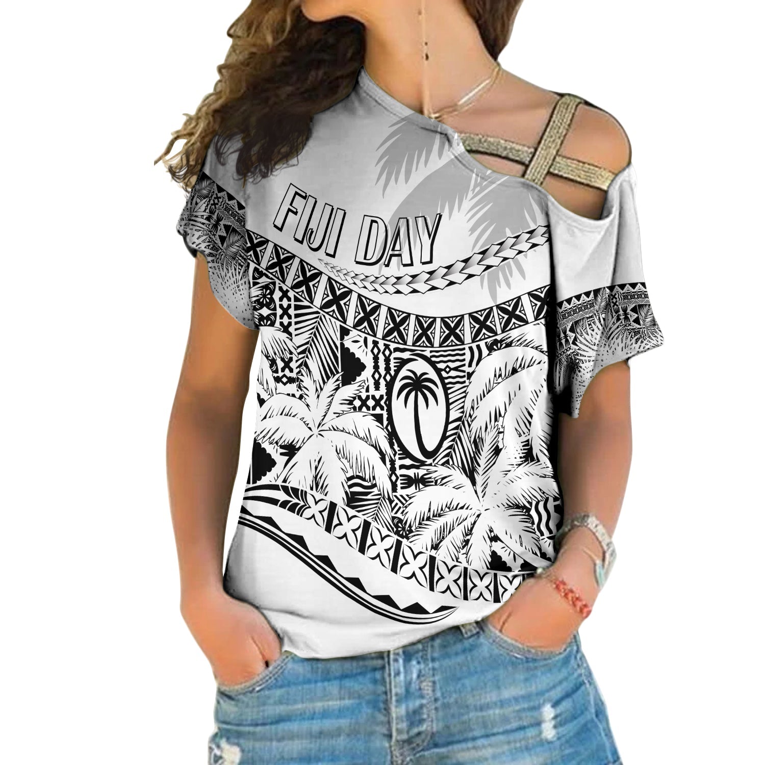 Personalised Fiji Day Cross Shoulder Shirt Flying Fijians Masi Kesa Style - White LT7 Female White - Polynesian Pride