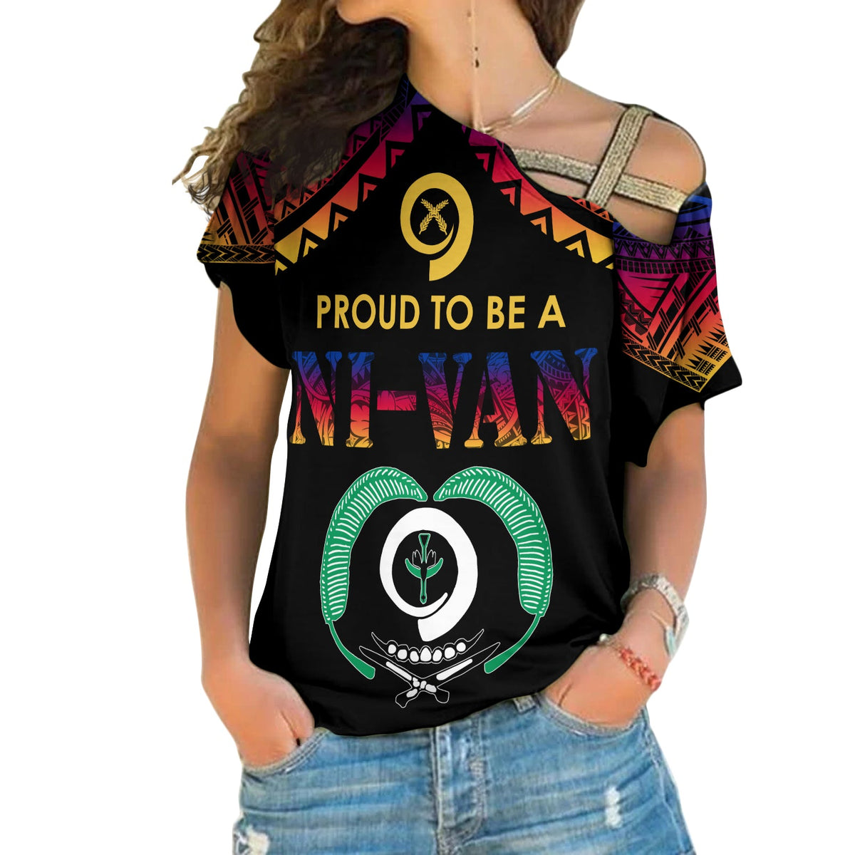 Vanuatu Proud To Be A Ni-Van - Polynesian Pattern Cross Shoulder Shirt - Torba Province LT7 Female Black - Polynesian Pride