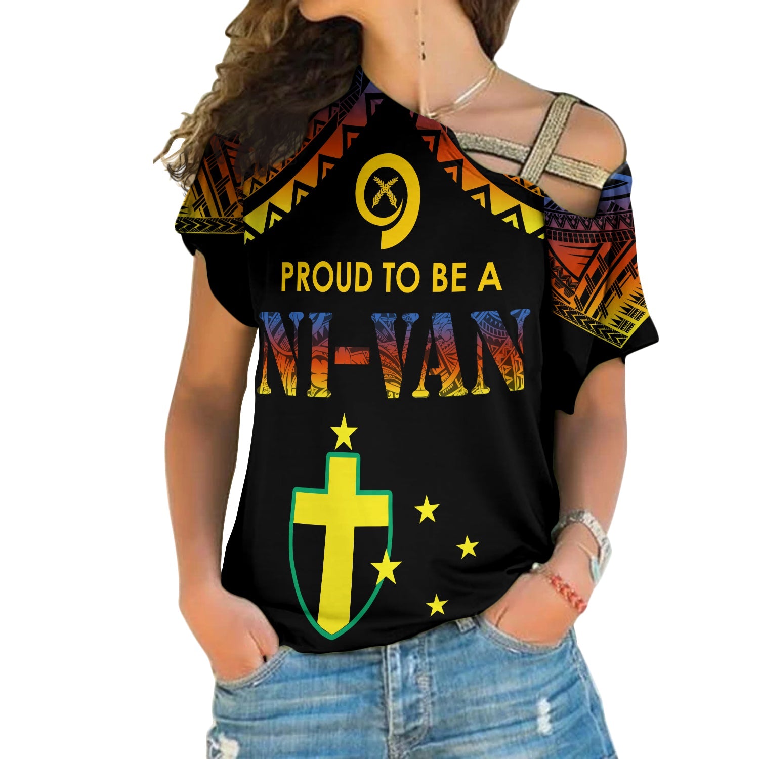 Vanuatu Proud To Be A Ni-Van - Polynesian Pattern Cross Shoulder Shirt - Tafea Province LT7 Female Black - Polynesian Pride