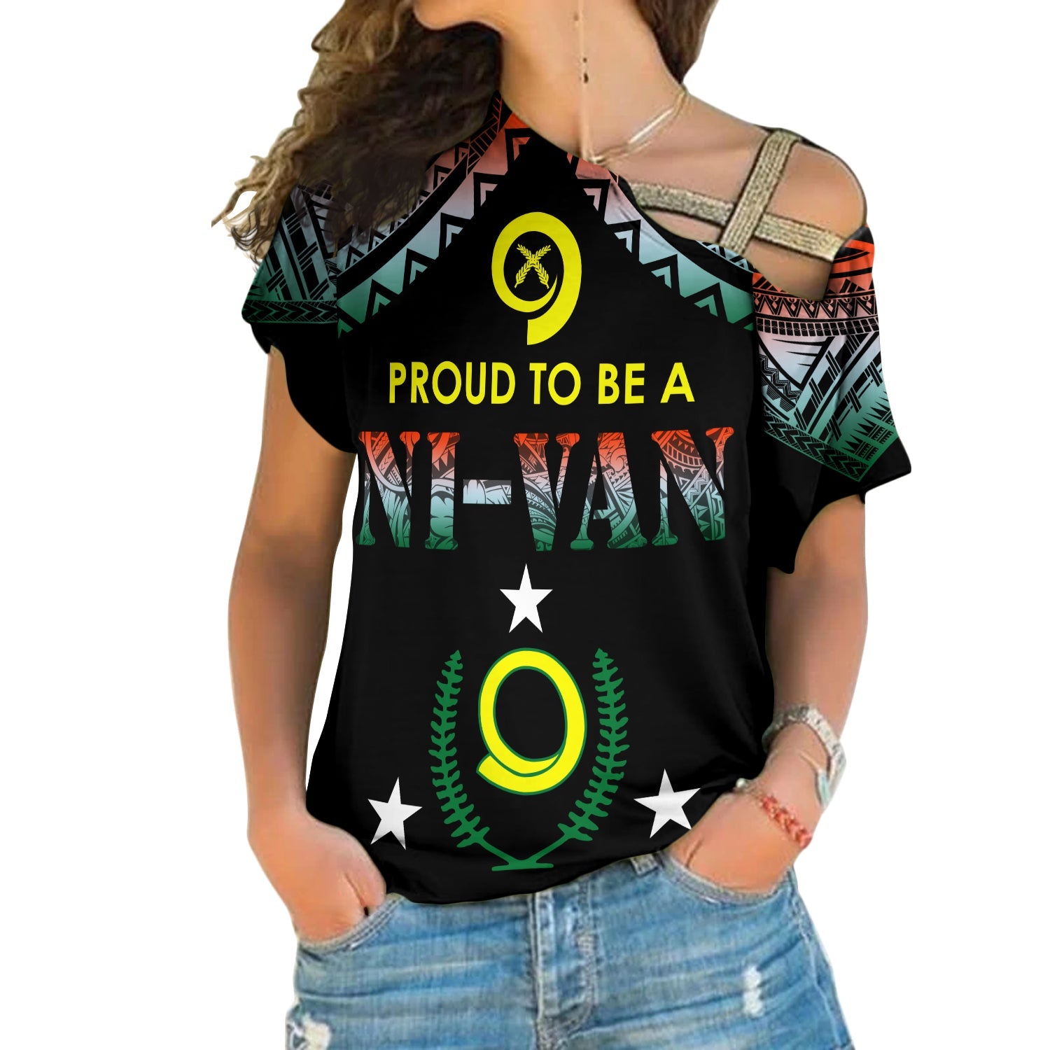 Vanuatu Proud To Be A Ni-Van - Polynesian Pattern Cross Shoulder Shirt - Penama Province LT7 Female Black - Polynesian Pride