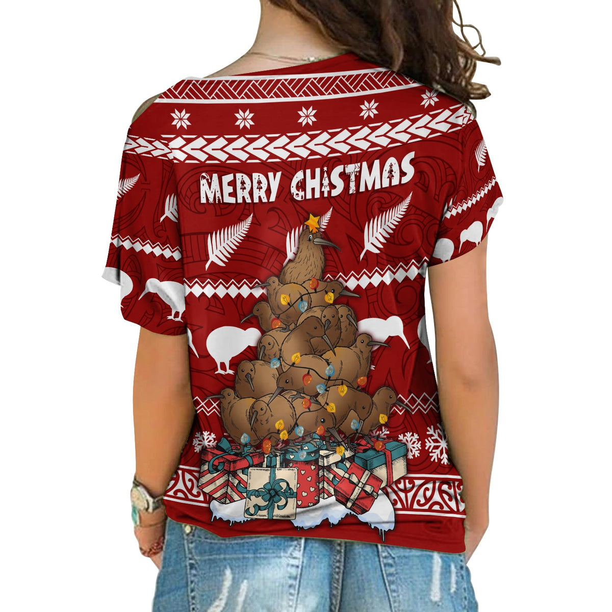 New Zealand Cross Shoulder Shirt Mere Kirihimete - Kiwi Xmas Tree LT7 - Polynesian Pride