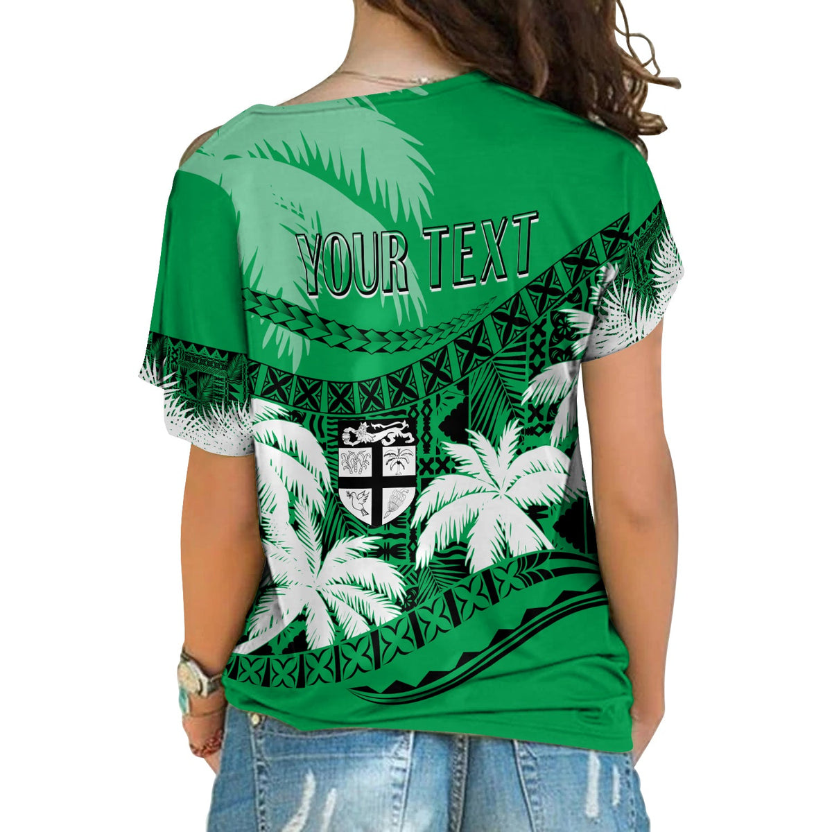 Personalised Fiji Day Cross Shoulder Shirt Flying Fijians Masi Kesa Style - Green LT7 - Polynesian Pride