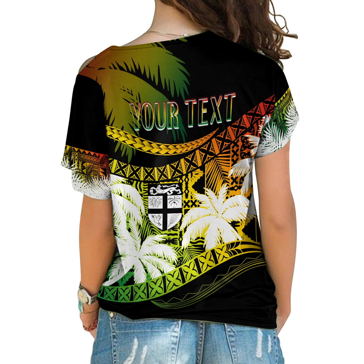 Personalised Fiji Day Cross Shoulder Shirt Flying Fijians Masi Kesa Style - Reggae LT7 - Polynesian Pride