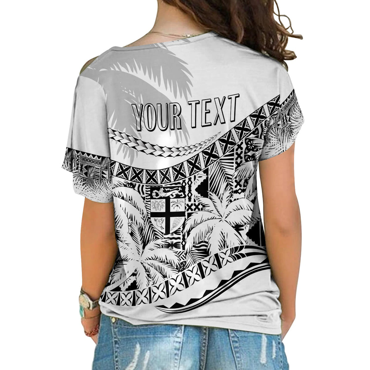 Personalised Fiji Day Cross Shoulder Shirt Flying Fijians Masi Kesa Style - White LT7 - Polynesian Pride