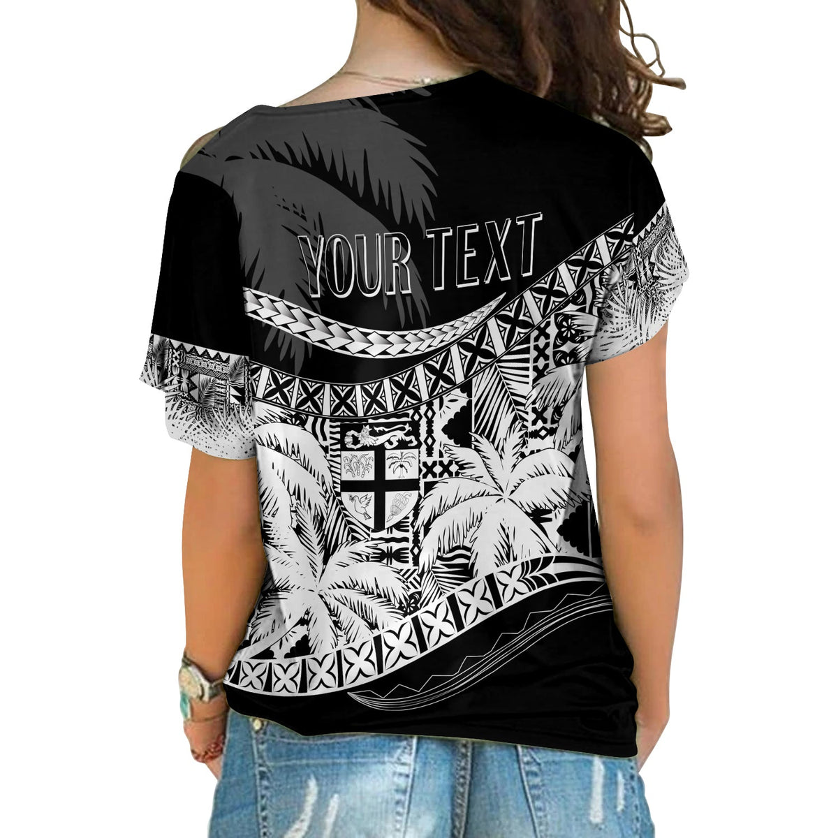 Personalised Fiji Day Cross Shoulder Shirt Flying Fijians Masi Kesa Style - Black LT7 - Polynesian Pride