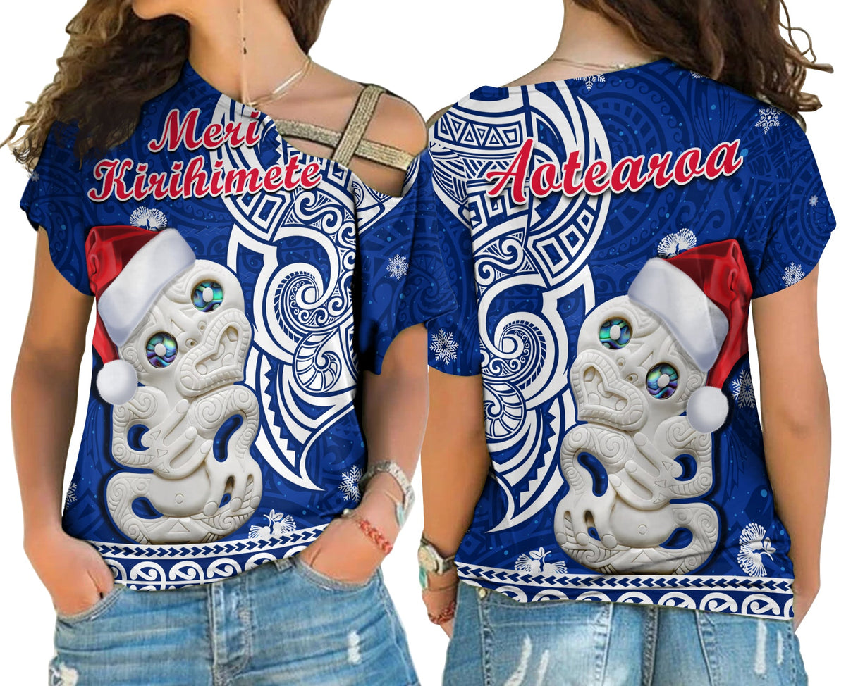 New Zealand Christmas Cross Shoulder Shirt Hei Tiki Blue Pohutukawa Meri Kirihimete LT14 Female Blue - Polynesian Pride