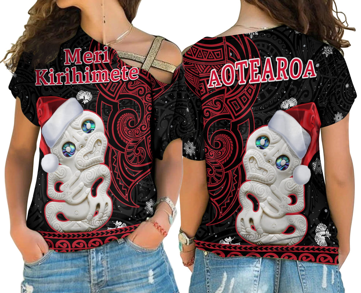 New Zealand Christmas Cross Shoulder Shirt Hei Tiki Red Pohutukawa Meri Kirihimete LT14 Female Red - Polynesian Pride