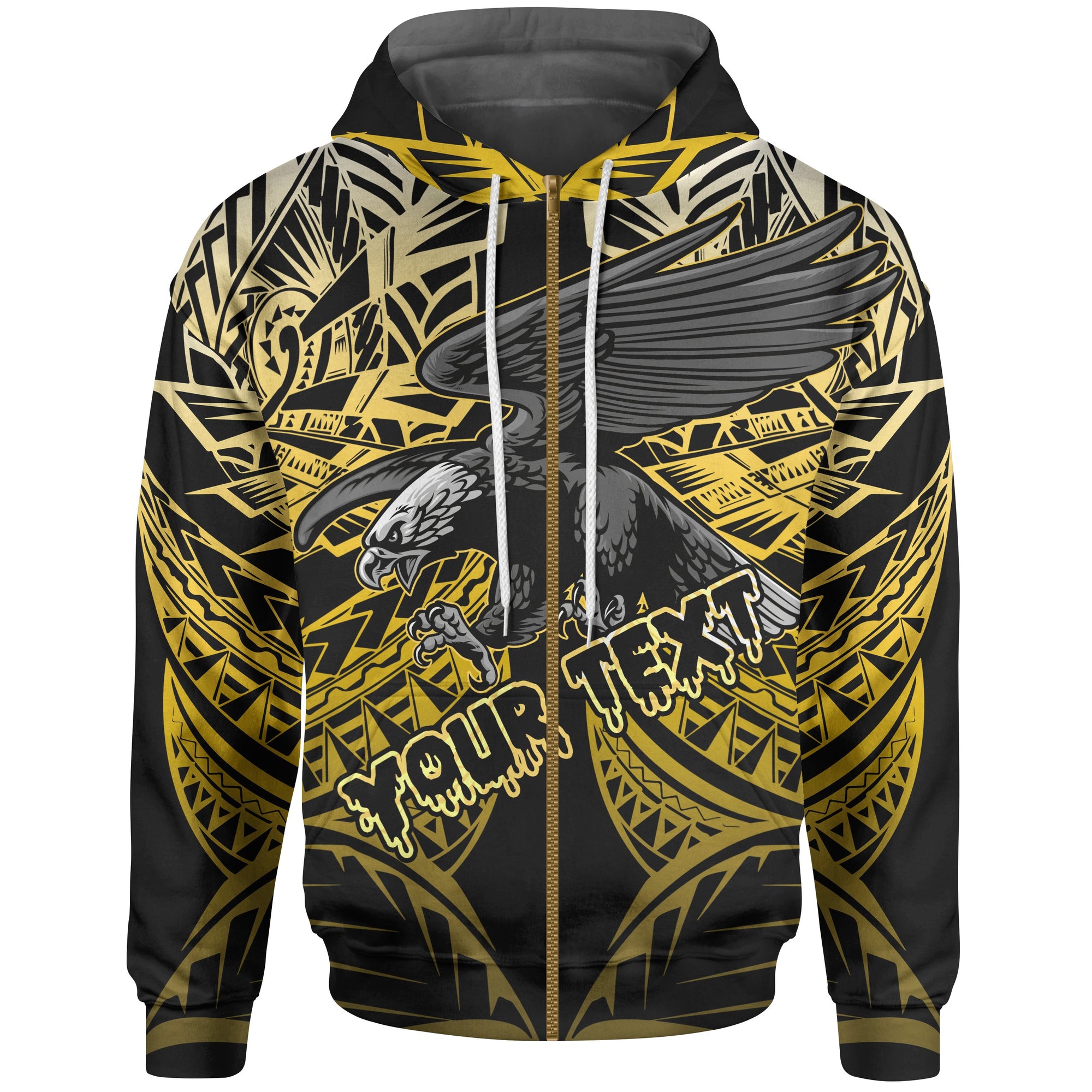 Samoa Polynesian Custom Zip up Hoodie Eagle Tribal Pattern Yellow Unisex Blue - Polynesian Pride