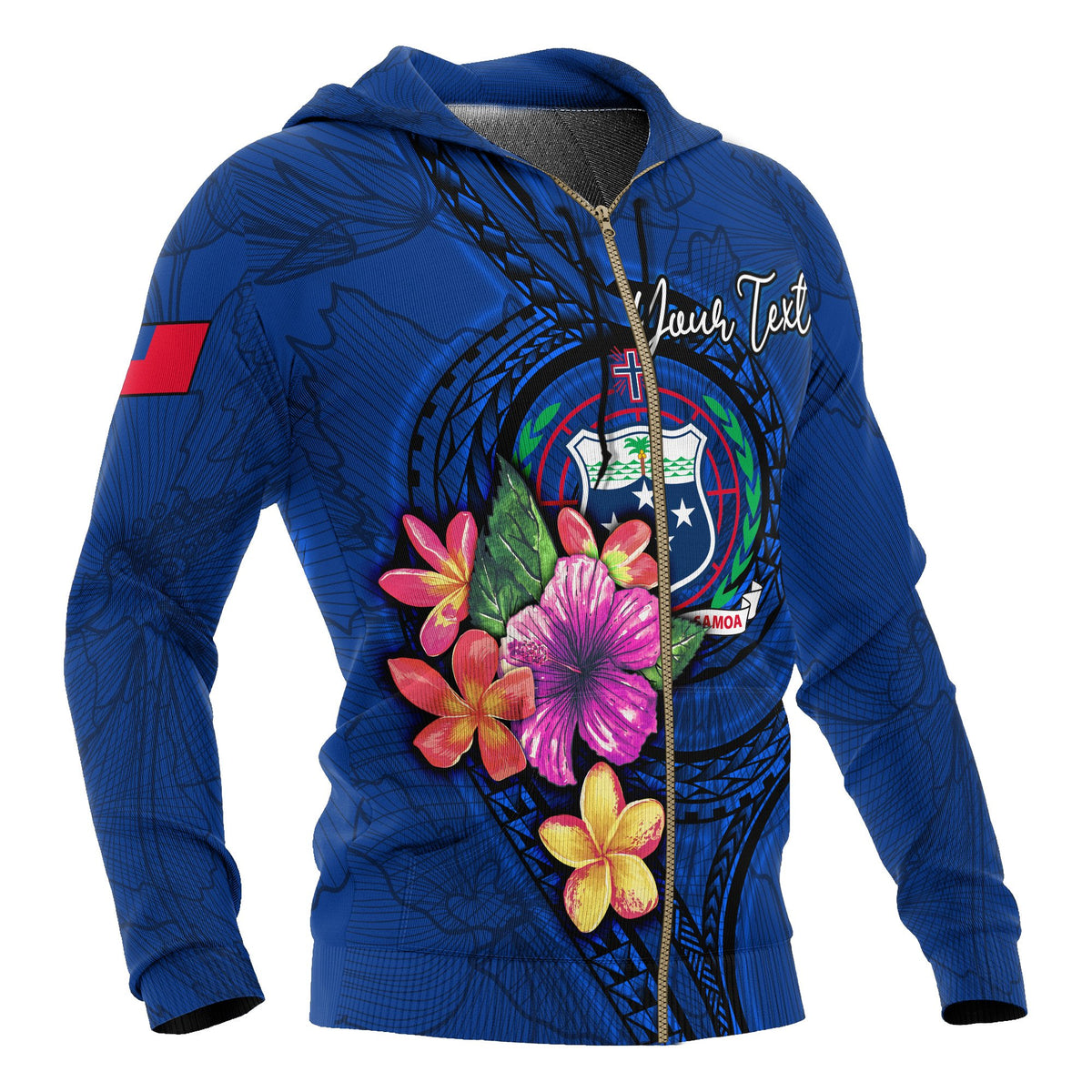 Samoa Polynesian Custom Zip up Hoodie Floral With Seal Blue - Polynesian Pride