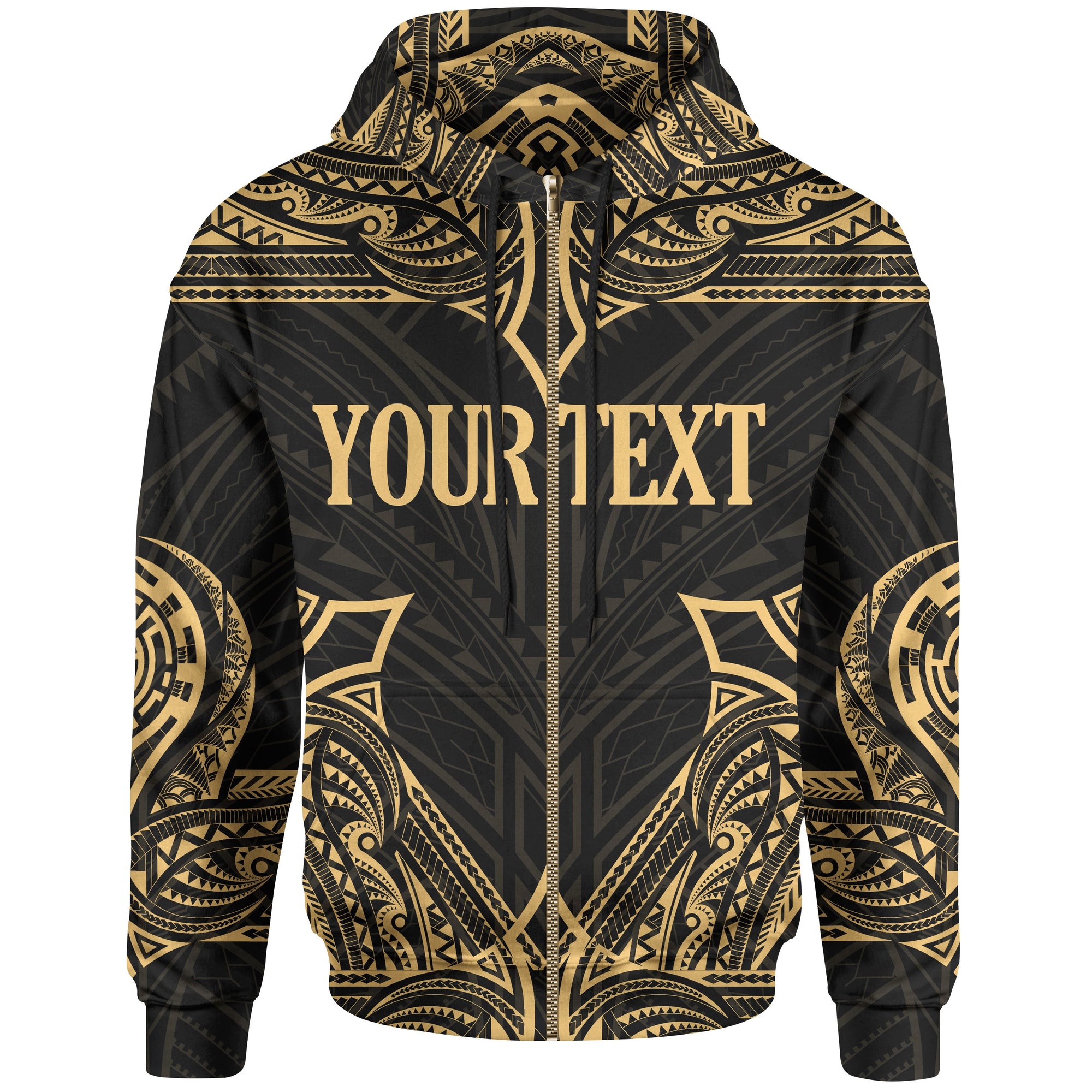 Tonga Custom Zip up Hoodie Coat of Arms With Patterns Gold Color Unisex Black - Polynesian Pride