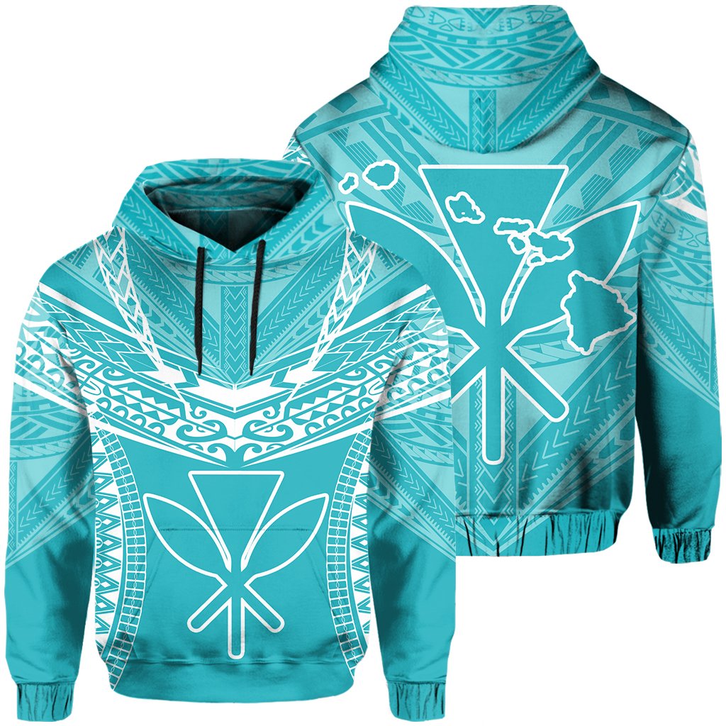 Hawaiian Kanaka Map Football Jersey Hoodie Cyan and White Roger Style Unisex Cyan - Polynesian Pride