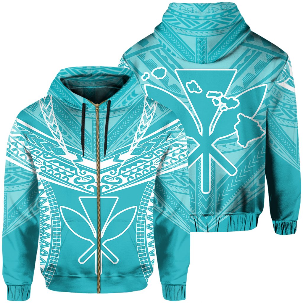 Hawaiian Kanaka Map Football Jersey Hoodie Zip Cyan and White Roger Style Unisex Cyan - Polynesian Pride