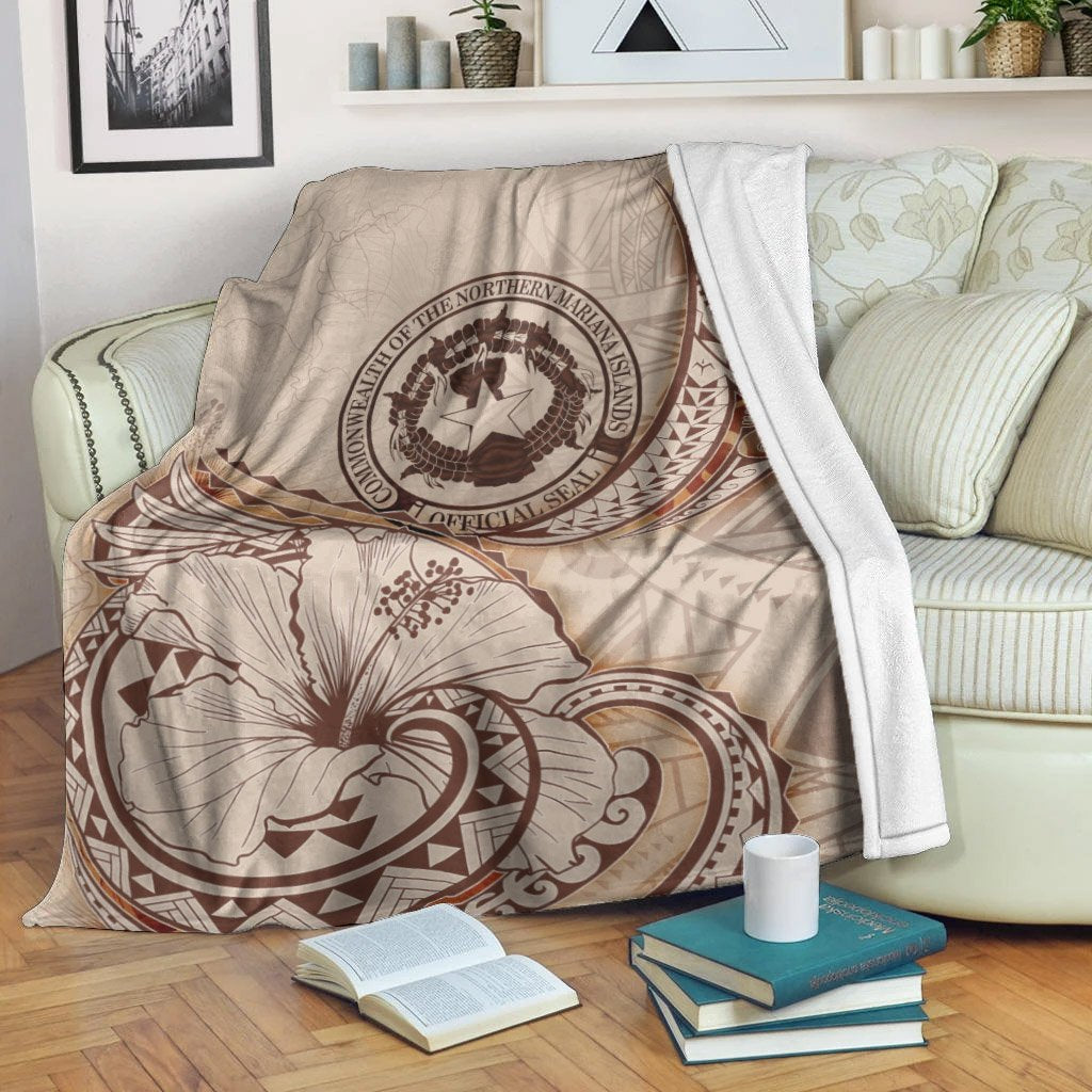 Northern Mariana Islands Premium Blanket - Hibiscus Flowers Vintage Style White - Polynesian Pride