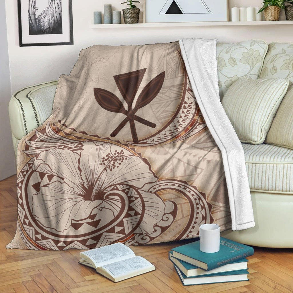 Hawaii Kanaka Maoli Premium Blanket - Hibiscus Flowers Vintage Style White - Polynesian Pride