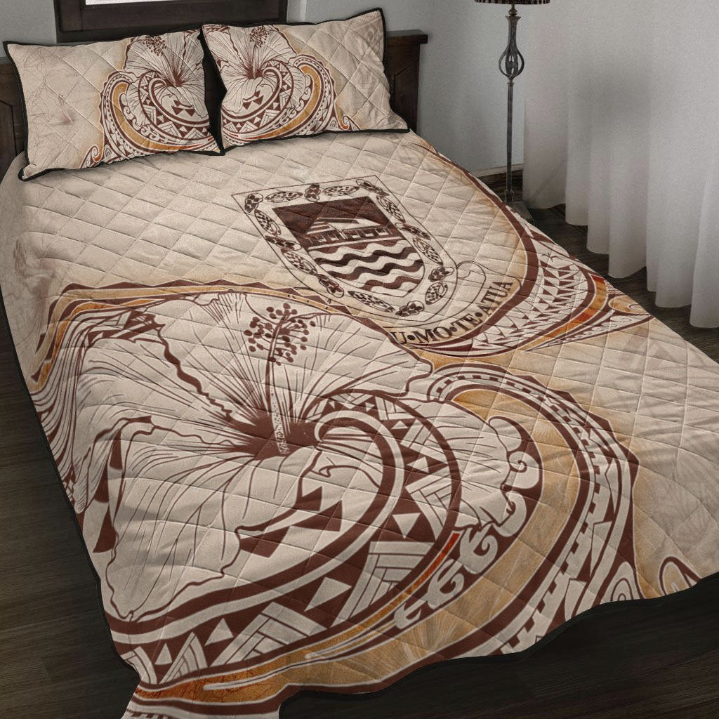 Tuvalu Quilt Bed Set - Hibiscus Flowers Vintage Style Nude - Polynesian Pride