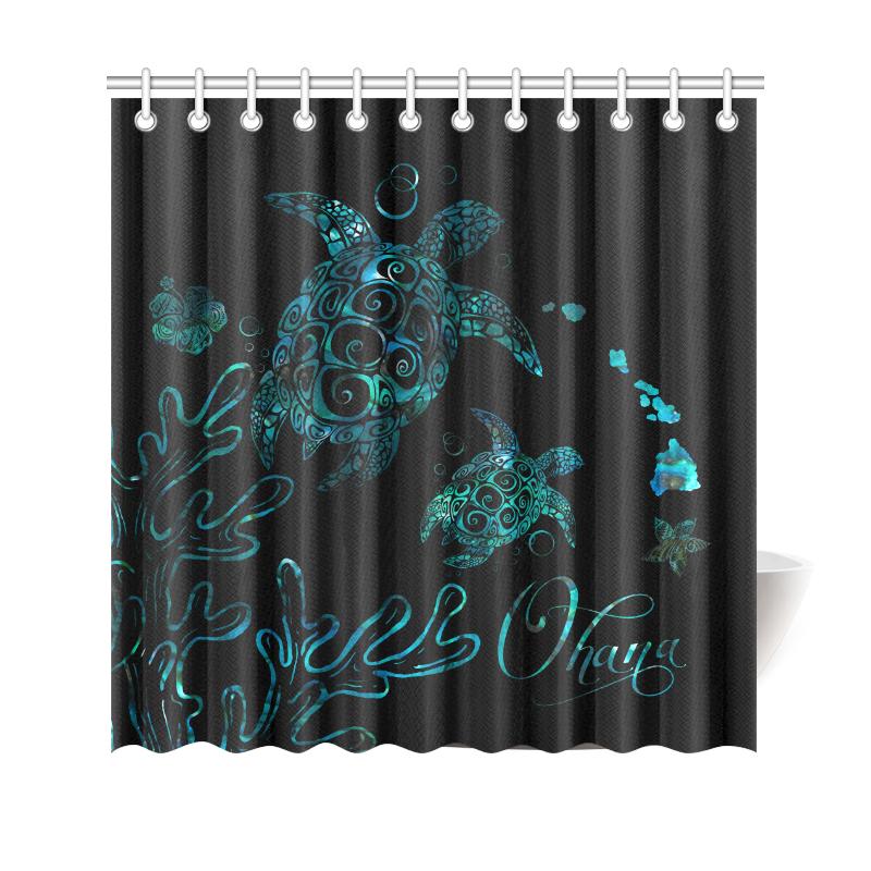 Hawaii Turtle Ohana Paua Shell Shower Curtain 177 x 172 (cm) Black - Polynesian Pride