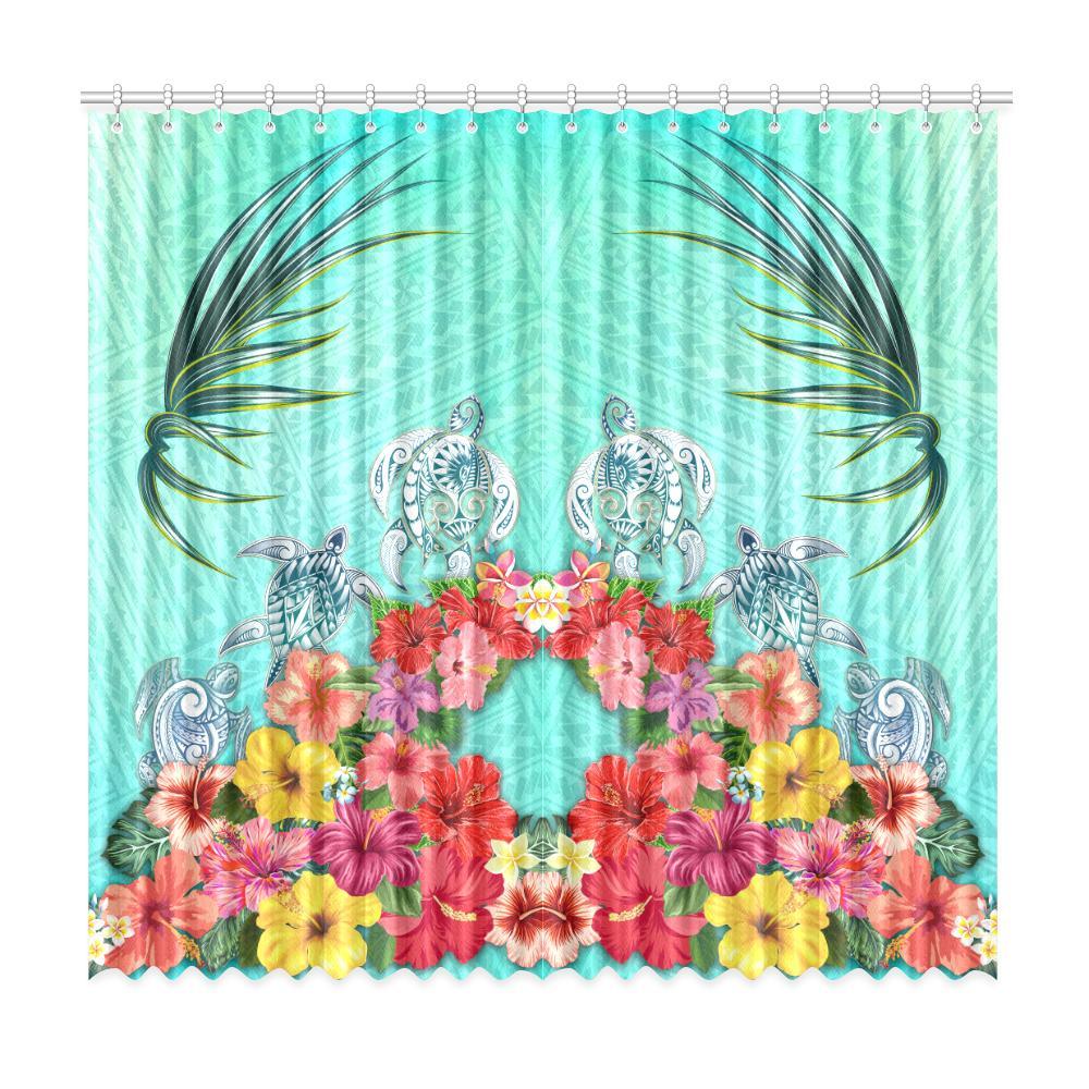 Three Turtle And Hibiscus Window Curtain( Two Piece) One Size 50"x96"(Two Piece) Turquoise - Polynesian Pride