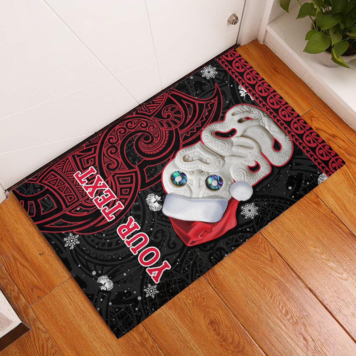 (Custom Personalised) New Zealand Christmas Door Mat Hei Tiki Red Pohutukawa Meri Kirihimete LT14 Red - Polynesian Pride