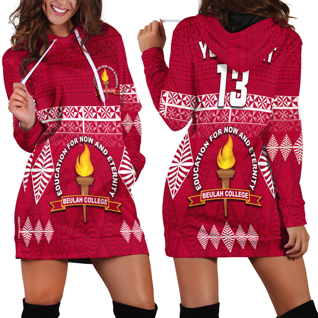 (Custom Text and Number) Beulah College Hoodie Dress Ngatu Pattern Tonga LT13 Maroon - Polynesian Pride