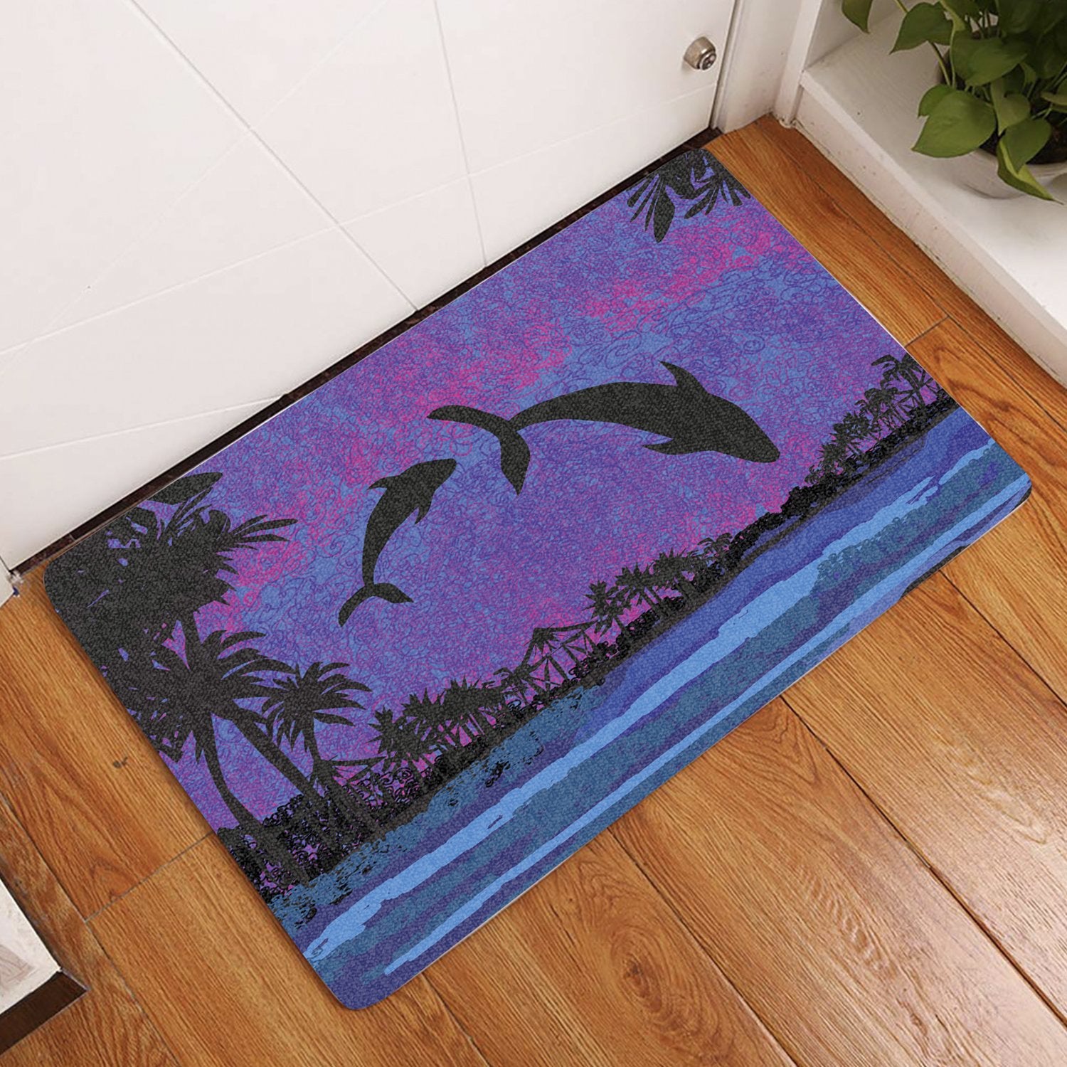 Dolphin Dance In Night Door Mat Door Mat Black - Polynesian Pride