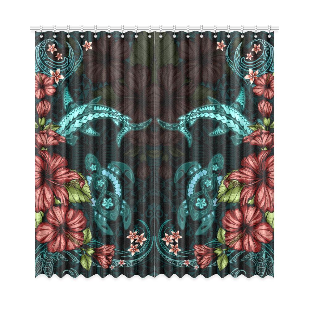 Turtle And Shark With Hibiscus Window Curtain ( Two Piece) Turquoise One Size 52"x108"(Two Piece) Black - Polynesian Pride