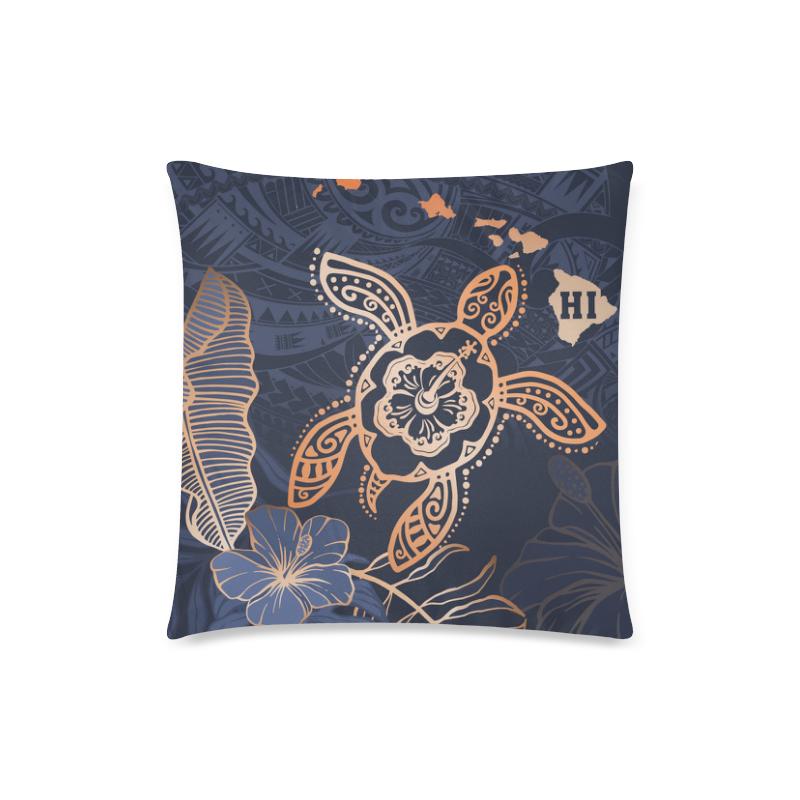 Hawaiian Map Turtle Ohana Hibiscus Kakau Polynesian Pillow Cover - Ver 1 One Size Zippered Pillow Case 18"x18"(Twin Sides) Indigo - Polynesian Pride