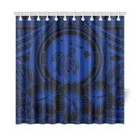 Hawaii Map Honu Hibiscus Blue Polynesian Shower Curtain - Polynesian Pride
