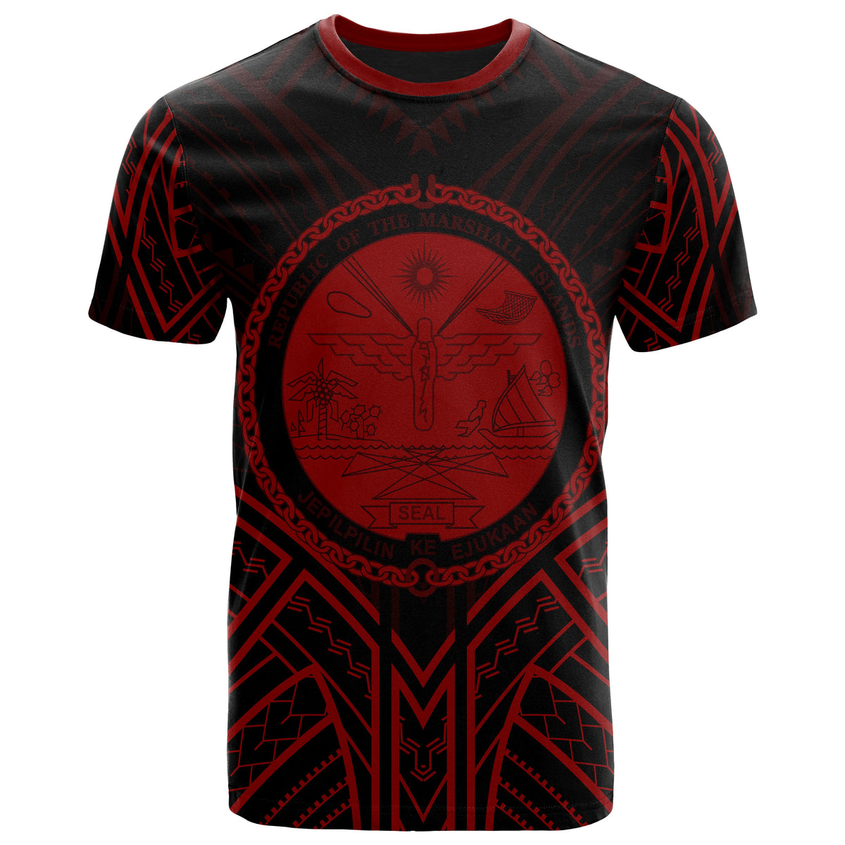 Marshall T Shirt Marshall Seal Tribal Red Color Patterns Unisex Black - Polynesian Pride