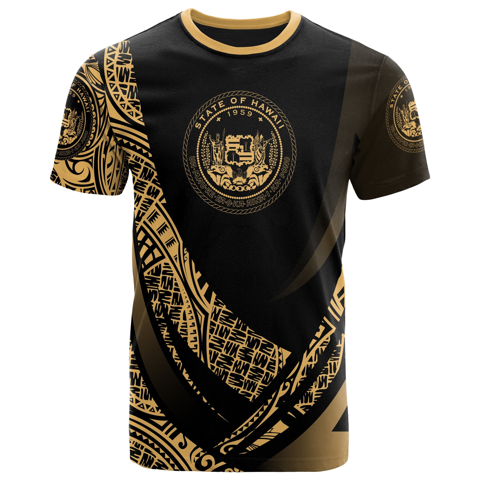 Hawaii T Shirt Gold Polynesian Patterns Sport Style Unisex Black - Polynesian Pride