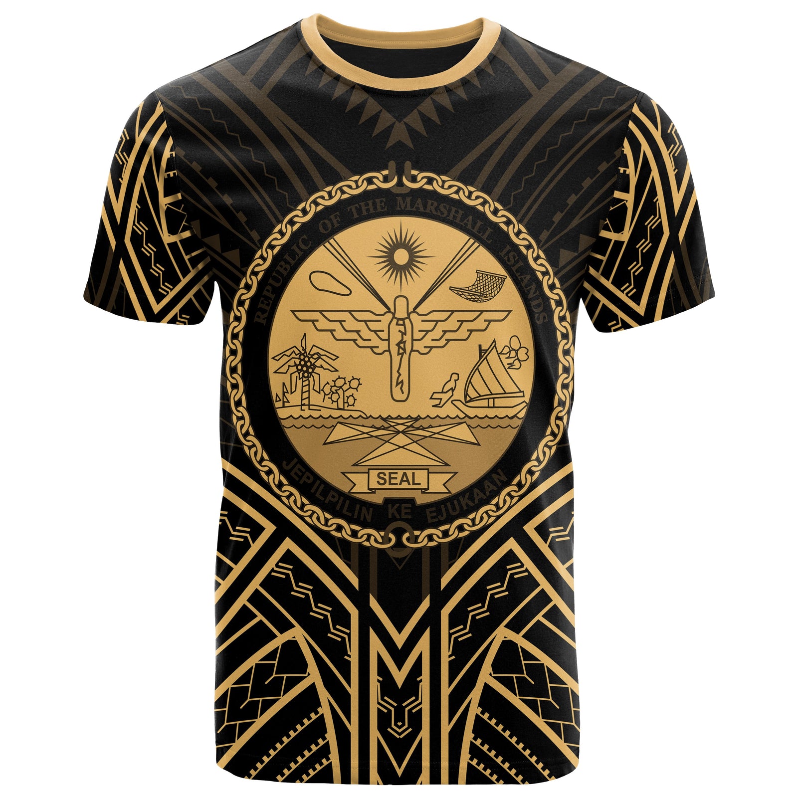 Marshall T Shirt Marshall Seal Tribal Gold Color Patterns Unisex Black - Polynesian Pride