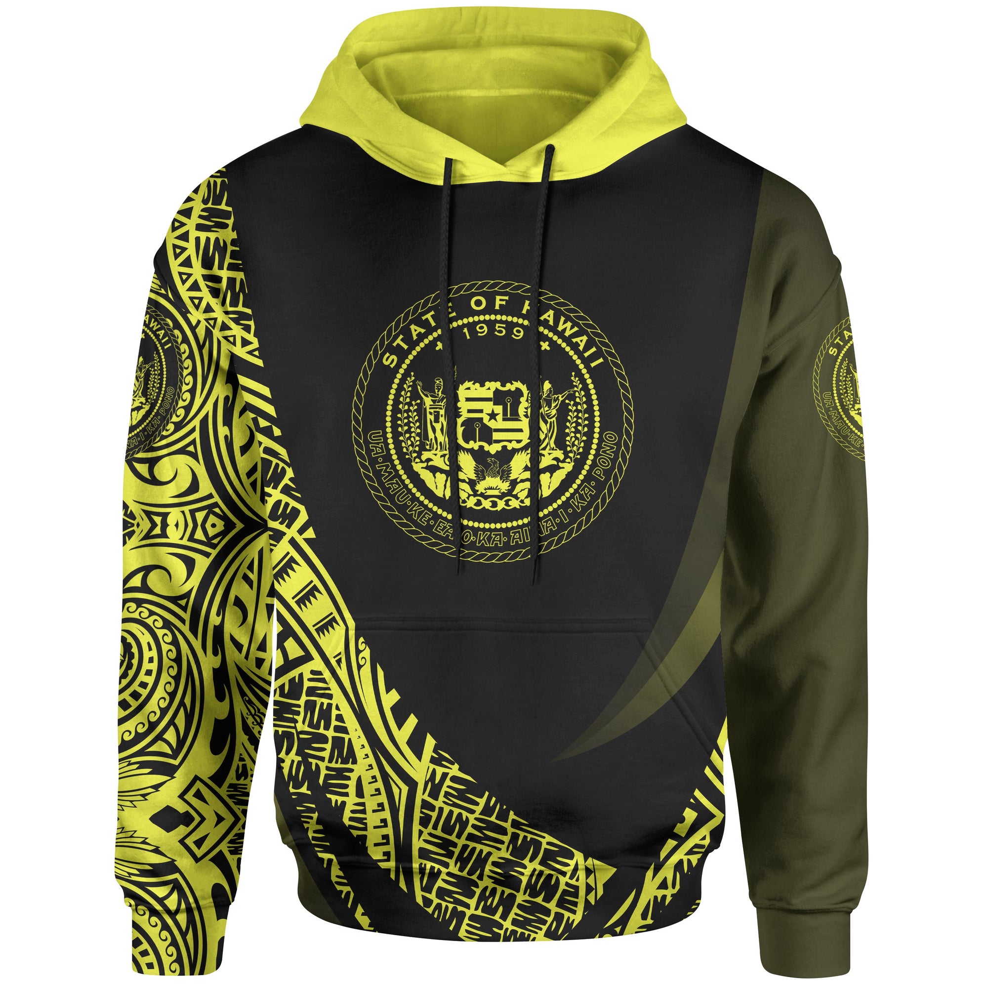 Hawaii Hoodie Yellow Polynesian Patterns Sport Style Unisex Black - Polynesian Pride