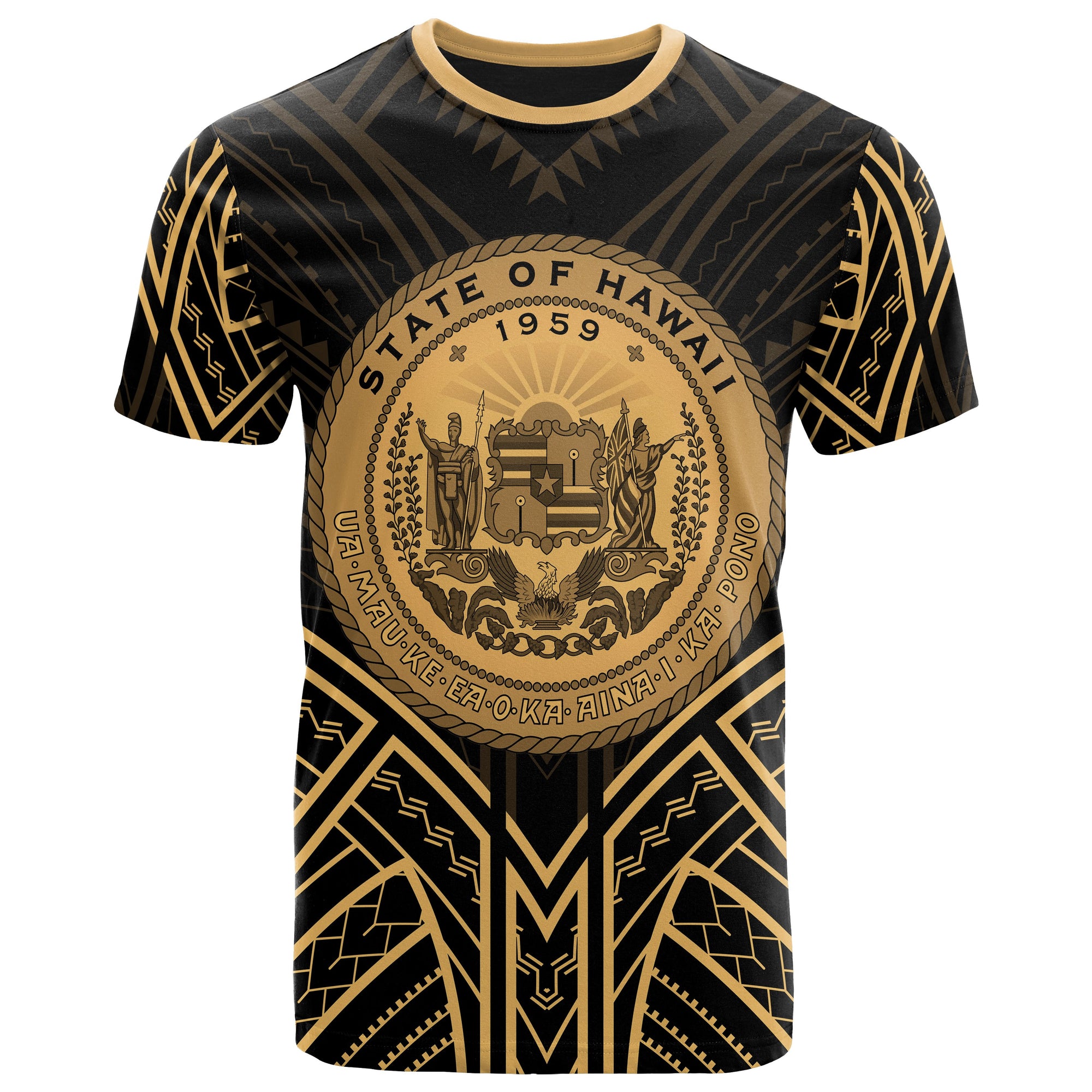 Hawaii T Shirt Hawaii Seal Tribal Gold Color Patterns Unisex Black - Polynesian Pride