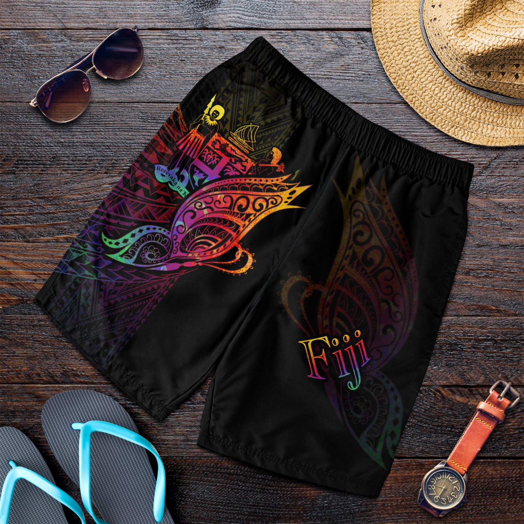 Fiji Men's Shorts - Butterfly Polynesian Style Black - Polynesian Pride