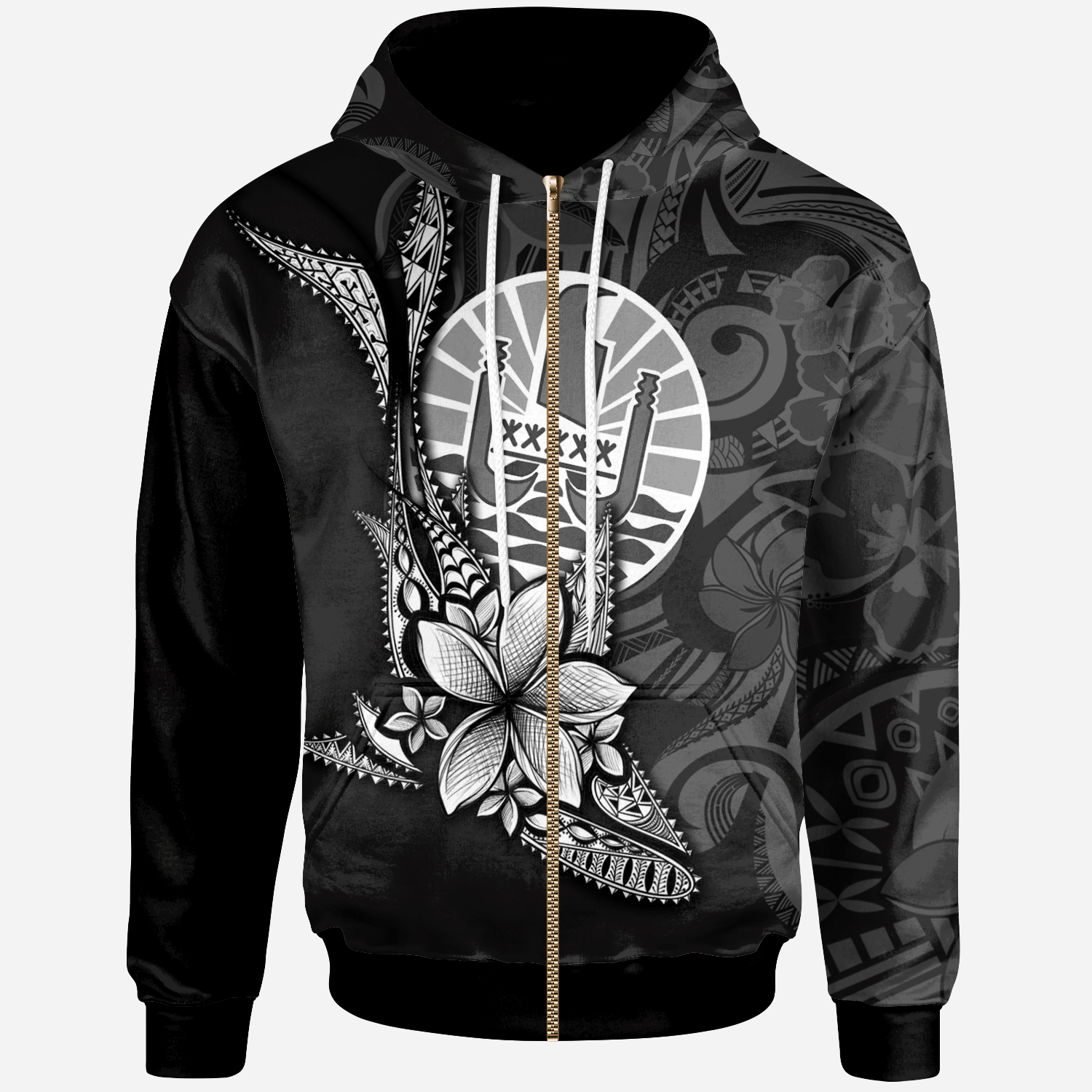 French Polynesia Zip Hoodie Fish With Plumeria Flowers Style Unisex Black - Polynesian Pride