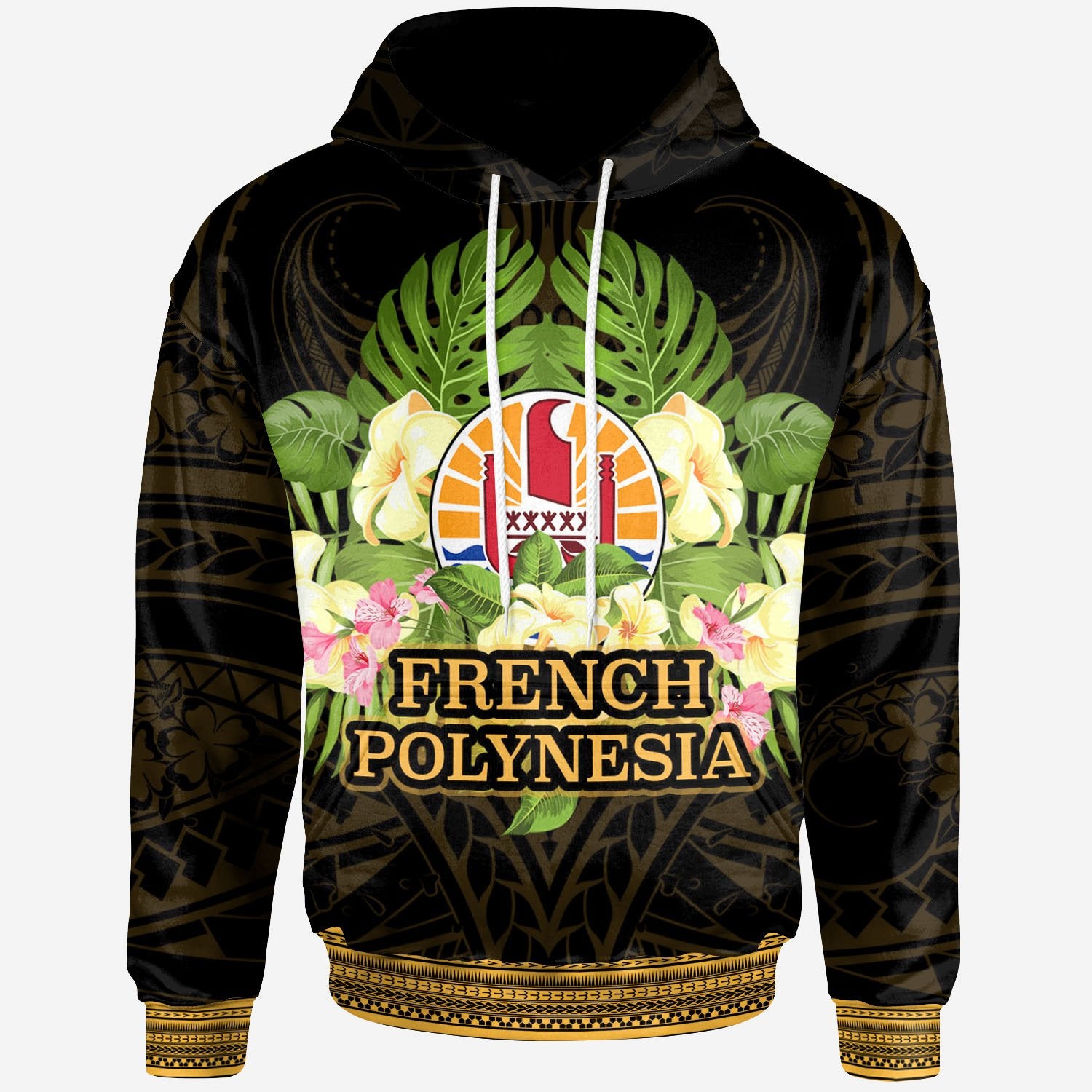 French Polynesia Hoodie Polynesian Gold Patterns Collection Unisex Black - Polynesian Pride