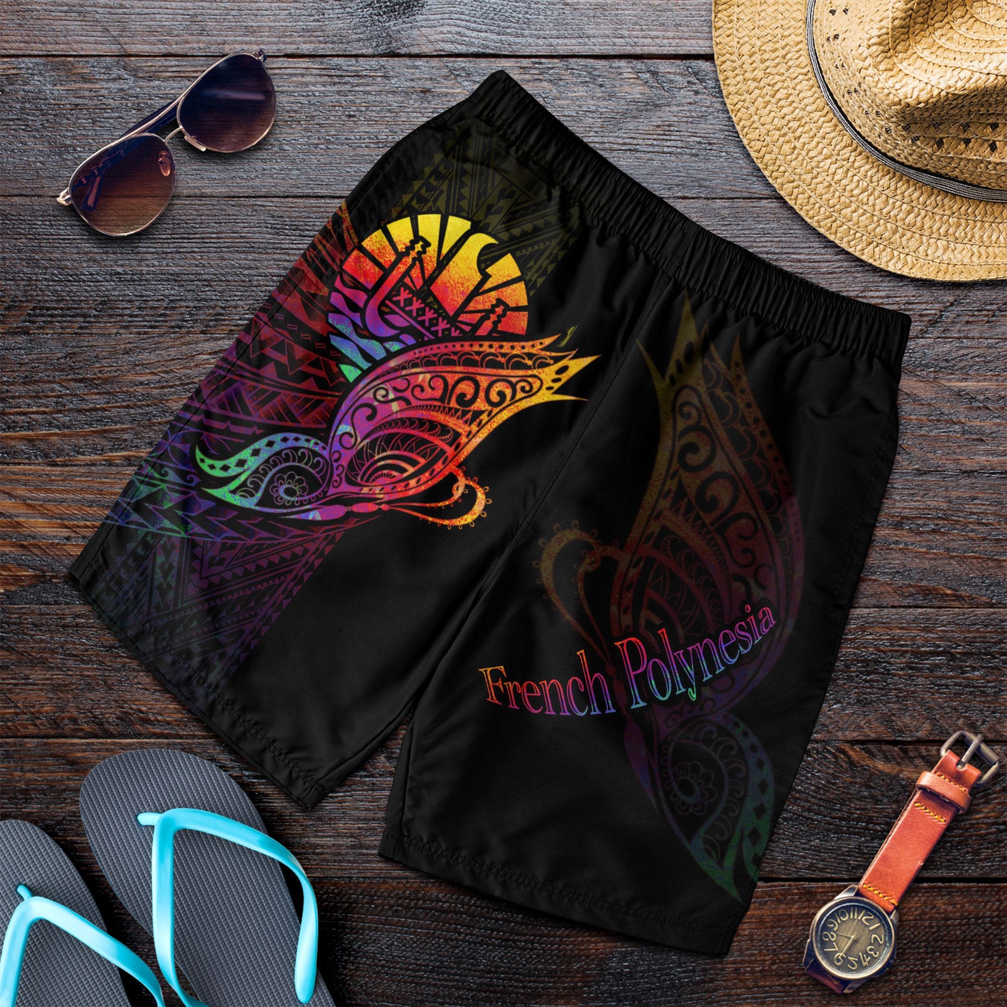 French Polynesia Men's Shorts - Butterfly Polynesian Style Black - Polynesian Pride