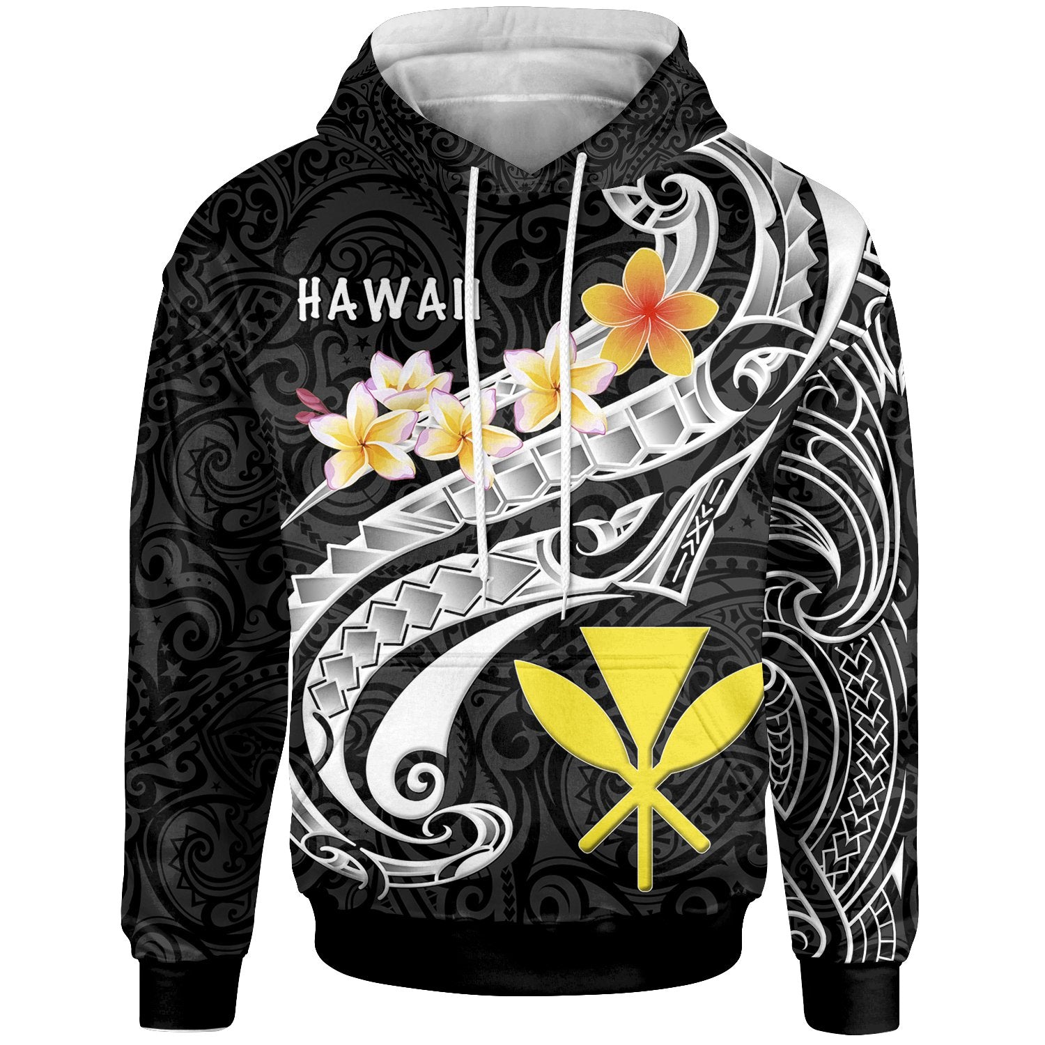 Hawaii Hoodie Kanaka Maoli Polynesian Patterns Plumeria (Black) Unisex Black - Polynesian Pride