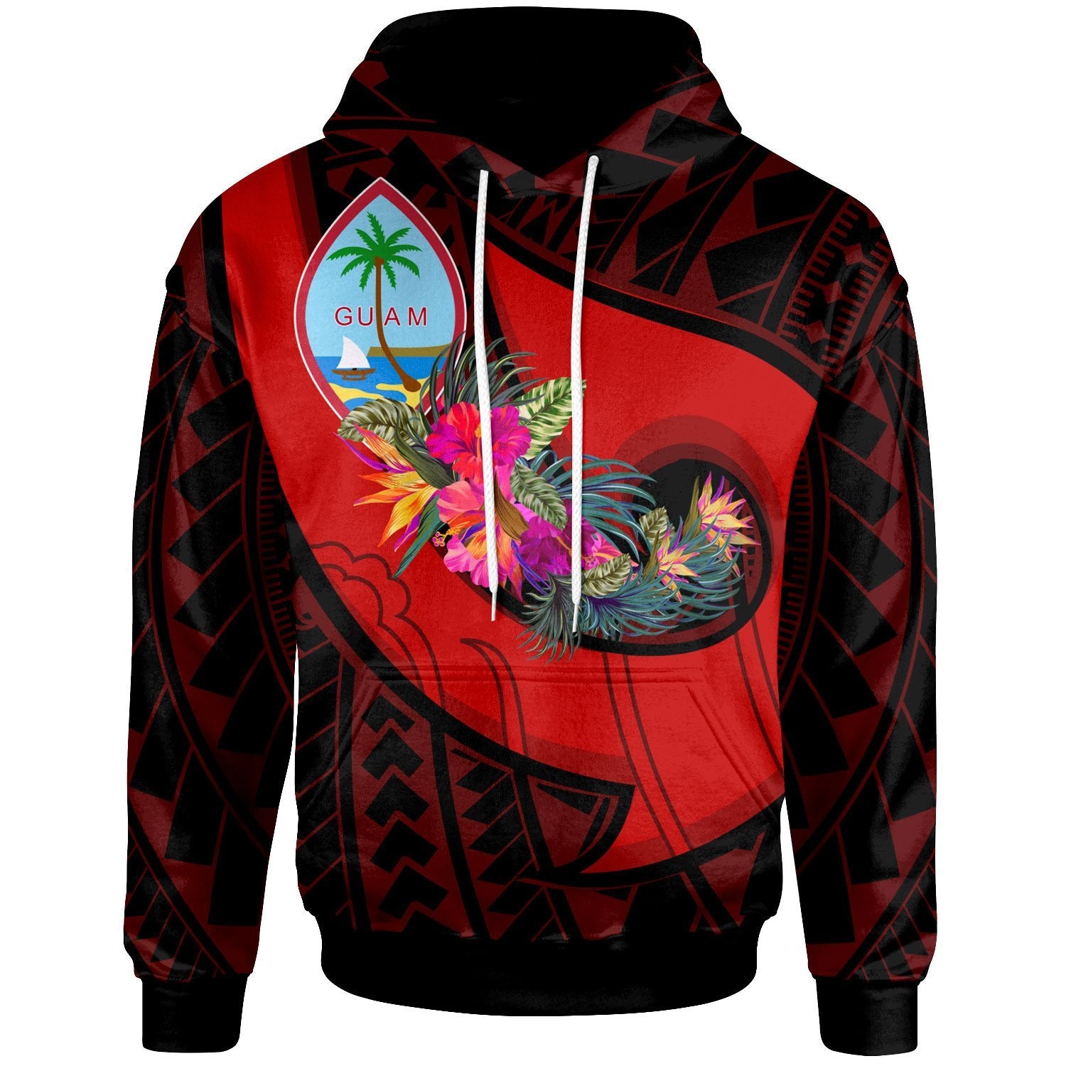 Guam Hoodie Polynesian Hook and Hibiscus (Red) Unisex Red - Polynesian Pride